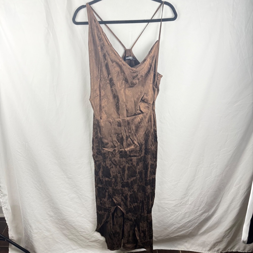Missguided Brown Asymmetrical Racerback Textured Print Midi Slip Dress Size 6